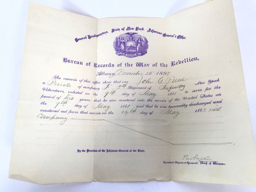 Bureau Of Records Of The War Of The Rebellion Civil War Dated December 26, 1895 Records Service From May 1861 To May 1863 Regiment Of Infantry New York Volunteers With Accompanying Letter [Photo 3]