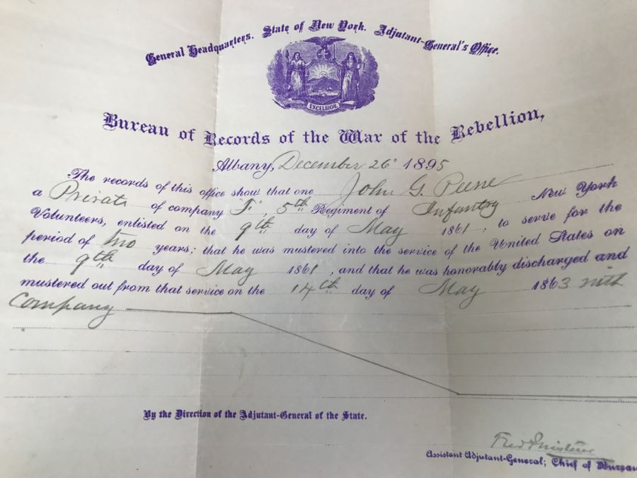 Bureau Of Records Of The War Of The Rebellion Civil War Dated December 26, 1895 Records Service From May 1861 To May 1863 Regiment Of Infantry New York Volunteers With Accompanying Letter [Photo 5]