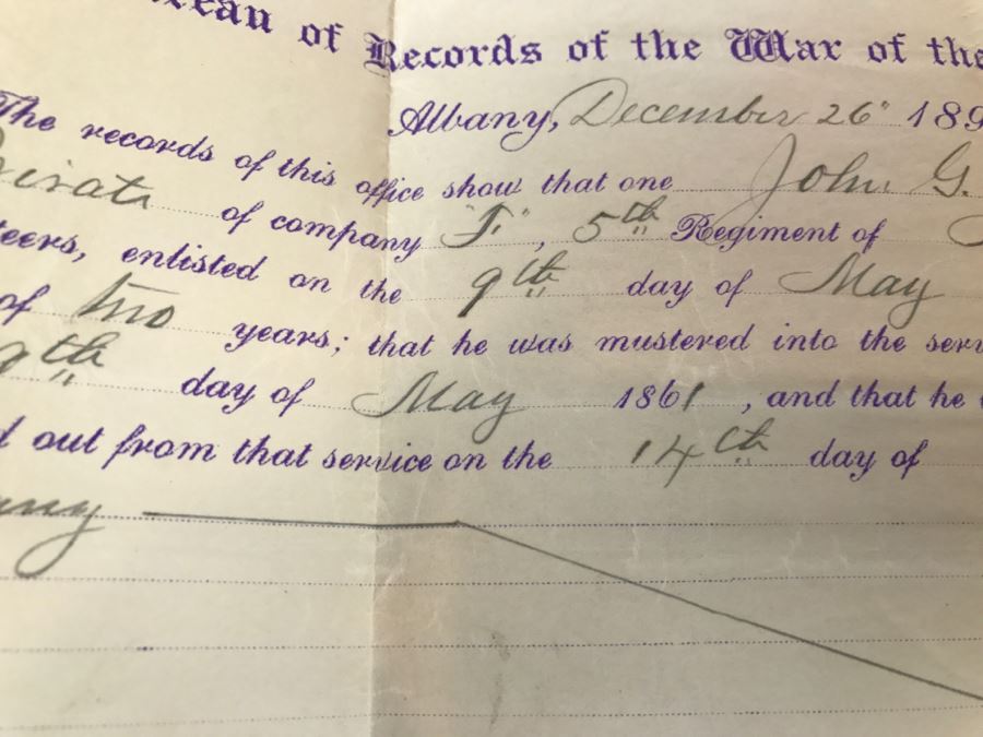Bureau Of Records Of The War Of The Rebellion Civil War Dated December 26, 1895 Records Service From May 1861 To May 1863 Regiment Of Infantry New York Volunteers With Accompanying Letter [Photo 6]