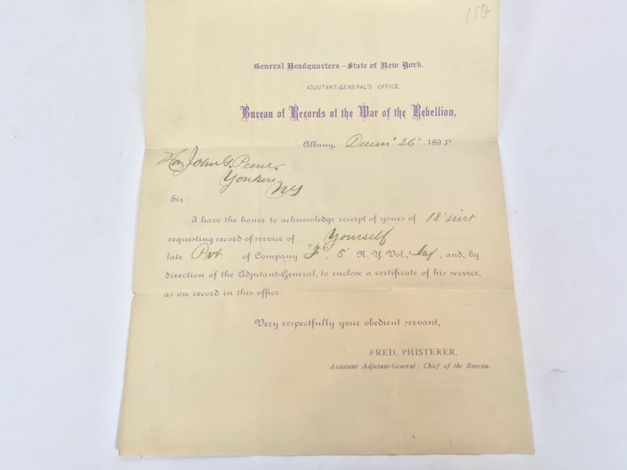 Bureau Of Records Of The War Of The Rebellion Civil War Dated December 26, 1895 Records Service From May 1861 To May 1863 Regiment Of Infantry New York Volunteers With Accompanying Letter [Photo 2]