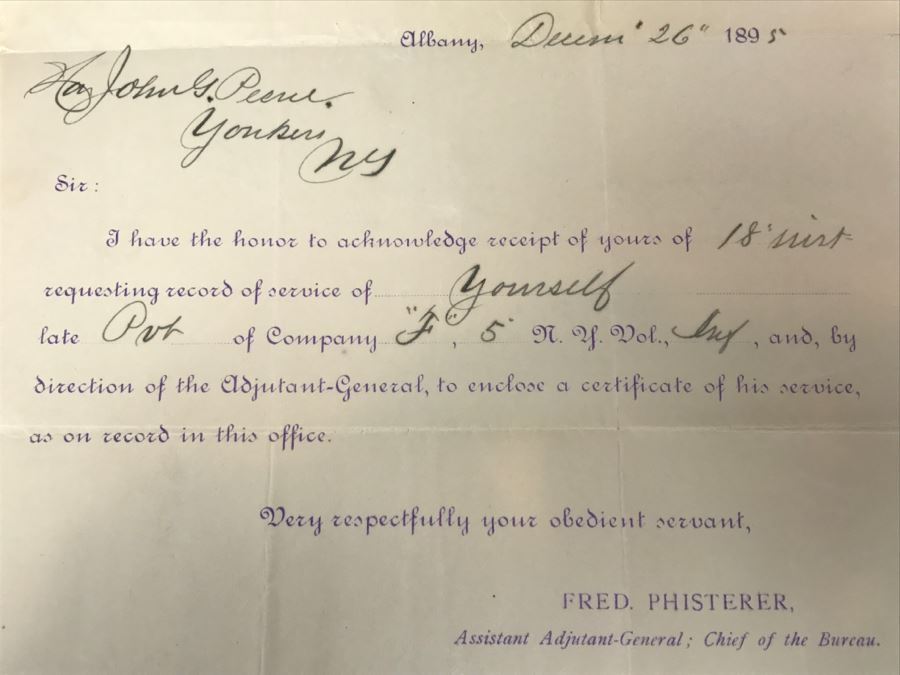 Bureau Of Records Of The War Of The Rebellion Civil War Dated December 26, 1895 Records Service From May 1861 To May 1863 Regiment Of Infantry New York Volunteers With Accompanying Letter [Photo 11]