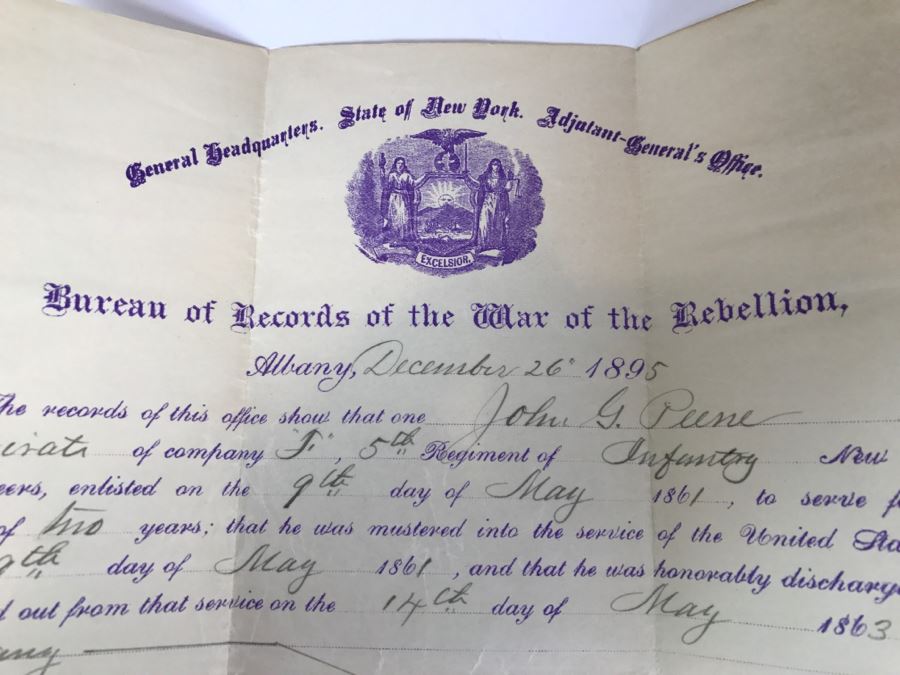 Bureau Of Records Of The War Of The Rebellion Civil War Dated December 26, 1895 Records Service From May 1861 To May 1863 Regiment Of Infantry New York Volunteers With Accompanying Letter