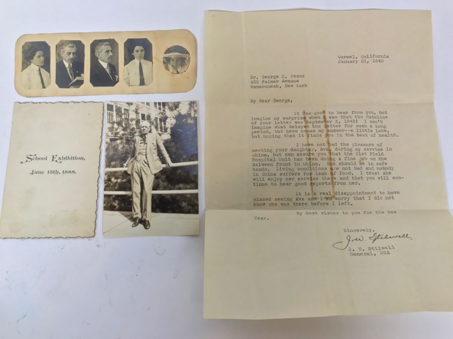 Signed Personalized Letter From General Joseph Warren Stilwell 'Vinegar Joe' In Regards To Father's Daughter Serving As Nurse In WWII On The Salween Front In China And Old Photographs And Ephemera Including School Exhibition Program From 1888 [Photo 3]