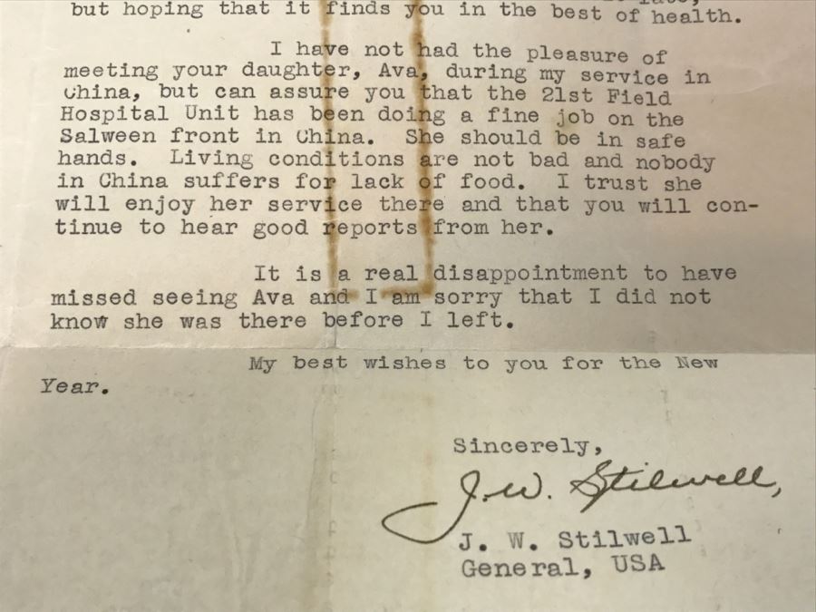Signed Personalized Letter From General Joseph Warren Stilwell 'Vinegar Joe' In Regards To Father's Daughter Serving As Nurse In WWII On The Salween Front In China And Old Photographs And Ephemera Including School Exhibition Program From 1888 [Photo 12]