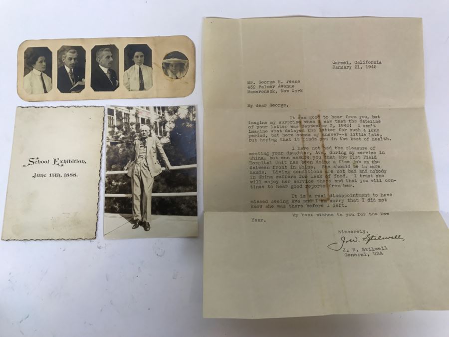 Signed Personalized Letter From General Joseph Warren Stilwell 'Vinegar Joe' In Regards To Father's Daughter Serving As Nurse In WWII On The Salween Front In China And Old Photographs And Ephemera Including School Exhibition Program From 1888 [Photo 2]