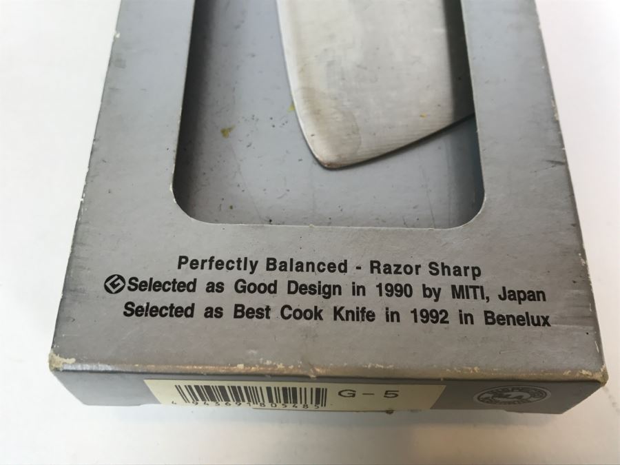 Set Of 3 Knives: Shun DM0718 Classic Knife (Retails $175), Vintage La Borde Chrome Molybdenum Stainless Chef's Knife And Global CROMOVA 18cm Stainless Vegetable Knife [Photo 17]