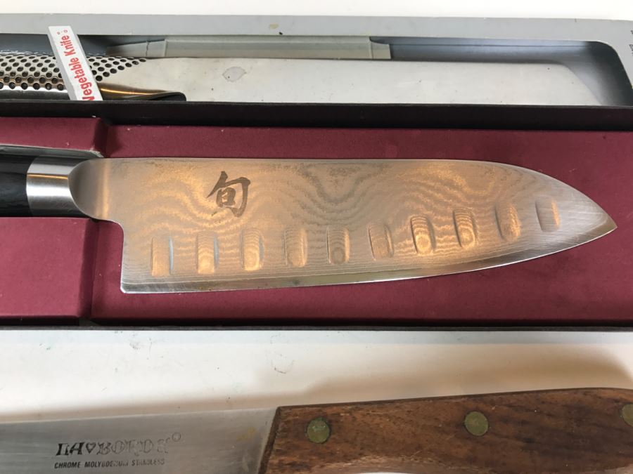 Set Of 3 Knives: Shun DM0718 Classic Knife (Retails $175), Vintage La Borde Chrome Molybdenum Stainless Chef's Knife And Global CROMOVA 18cm Stainless Vegetable Knife [Photo 6]