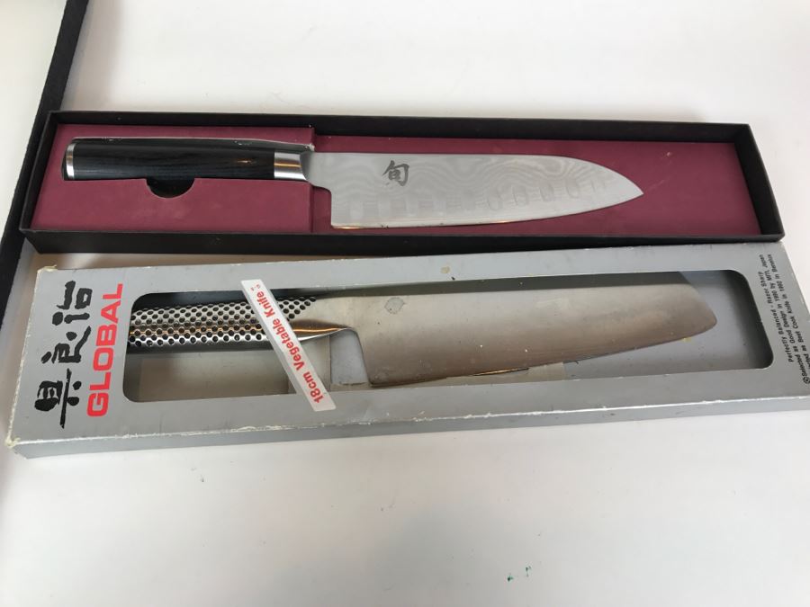 Set Of 3 Knives: Shun DM0718 Classic Knife (Retails $175), Vintage La Borde Chrome Molybdenum Stainless Chef's Knife And Global CROMOVA 18cm Stainless Vegetable Knife [Photo 16]