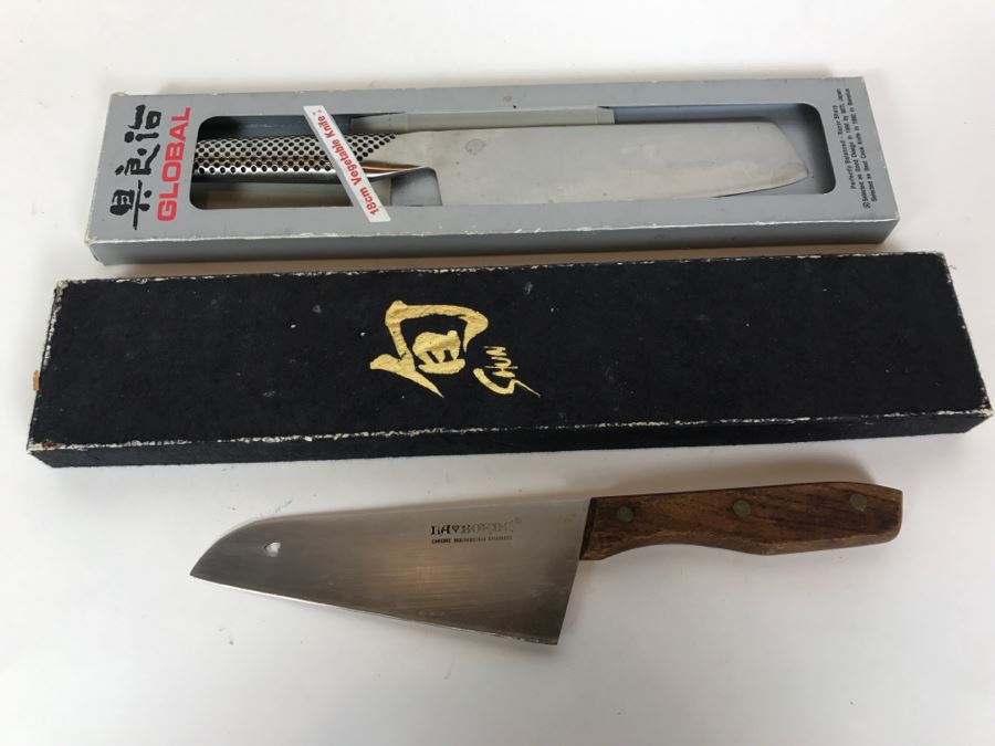 Set Of 3 Knives: Shun DM0718 Classic Knife (Retails $175), Vintage La Borde Chrome Molybdenum Stainless Chef's Knife And Global CROMOVA 18cm Stainless Vegetable Knife