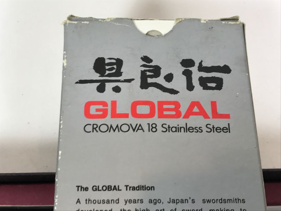 Set Of 3 Knives: Shun DM0718 Classic Knife (Retails $175), Vintage La Borde Chrome Molybdenum Stainless Chef's Knife And Global CROMOVA 18cm Stainless Vegetable Knife [Photo 21]