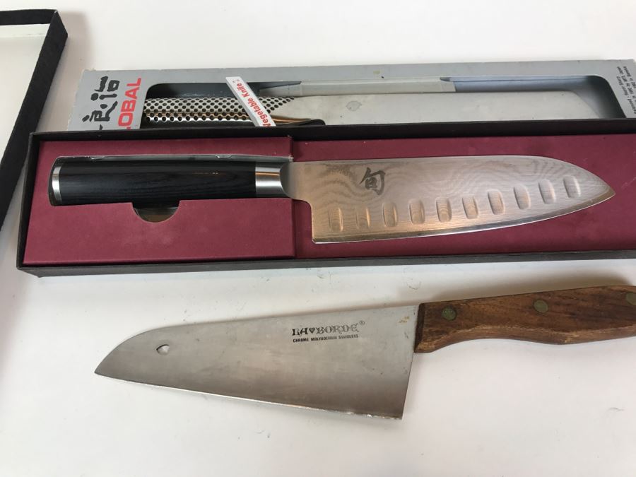 Set Of 3 Knives: Shun DM0718 Classic Knife (Retails $175), Vintage La Borde Chrome Molybdenum Stainless Chef's Knife And Global CROMOVA 18cm Stainless Vegetable Knife [Photo 5]