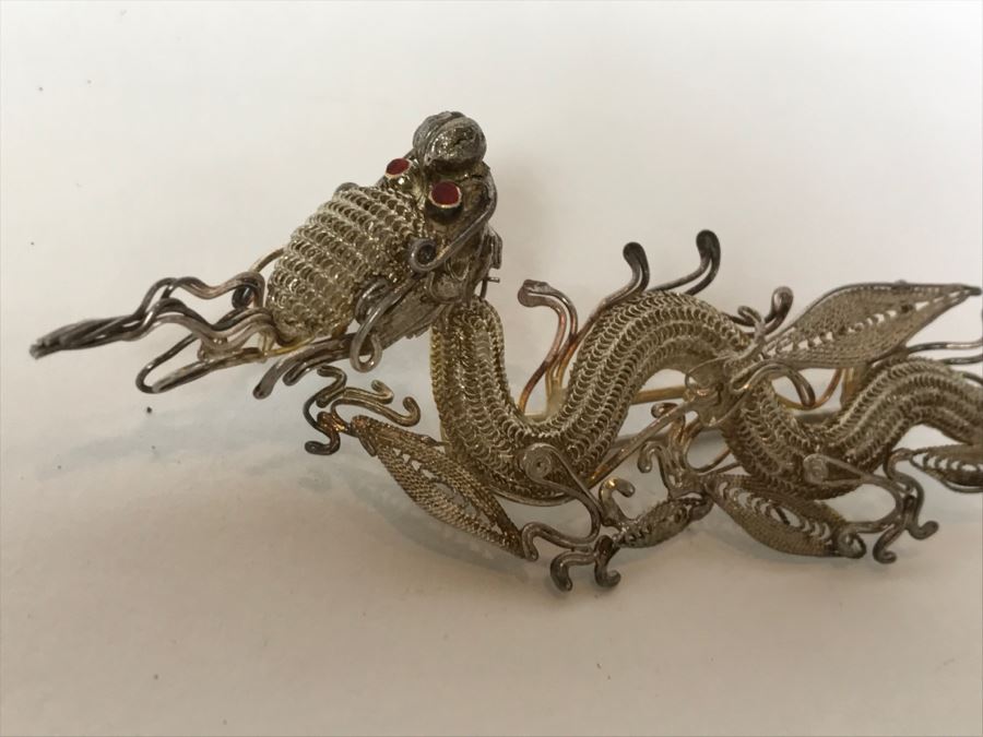 Stunning Silver Filigree Dragon Serpent Brooch Pendant