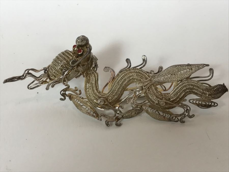 Stunning Silver Filigree Dragon Serpent Brooch Pendant [Photo 1]