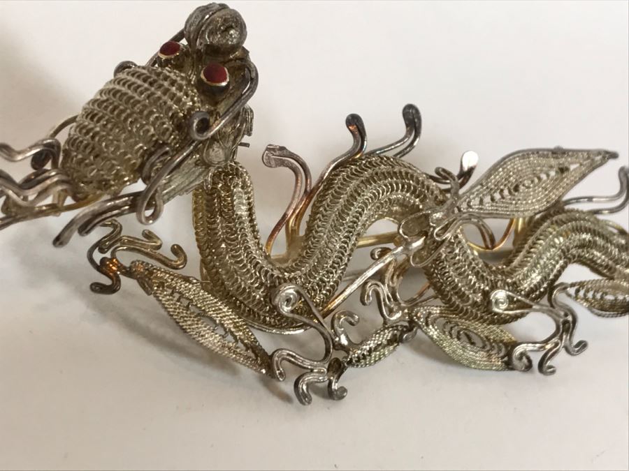 Stunning Silver Filigree Dragon Serpent Brooch Pendant