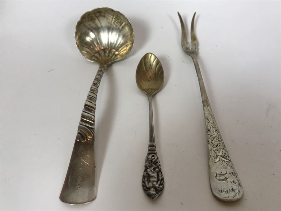 Set Of 3 Antique Sterling Silver Serving Pieces Flatware Spoon Fork 1892 1893