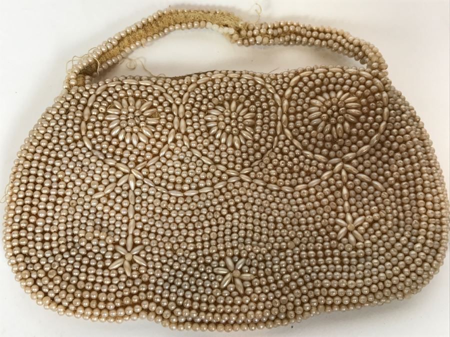 Vintage Japanese Beaded Purse Handbag Has Some Beads Missing On Handle Floral Pattern