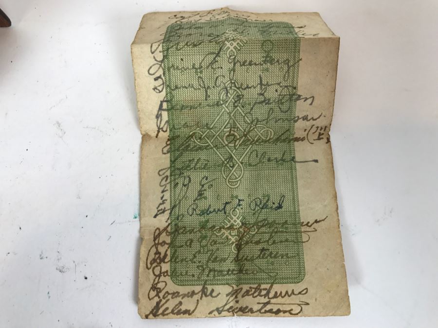 Vintage Wallet With Personal Effects As Found In Wallet Including Old Photos, Standing Liberty Silver Half Dollar, 1944 Barber Dime, Bank Of Japan Paper Currency Y10 Nippon With Various Names Written Over Bill And Catholic Pendants [Photo 11]