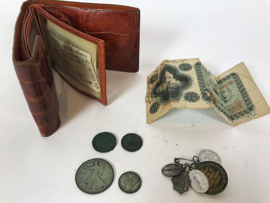 Vintage Wallet With Personal Effects As Found In Wallet Including Old Photos, Standing Liberty Silver Half Dollar, 1944 Barber Dime, Bank Of Japan Paper Currency Y10 Nippon With Various Names Written Over Bill And Catholic Pendants [Photo 1]