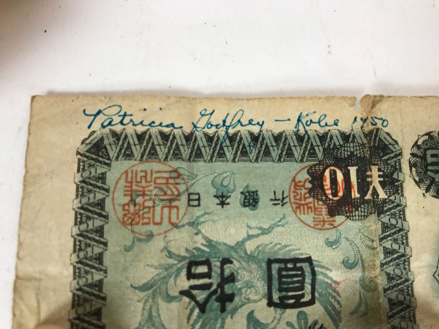 Vintage Wallet With Personal Effects As Found In Wallet Including Old Photos, Standing Liberty Silver Half Dollar, 1944 Barber Dime, Bank Of Japan Paper Currency Y10 Nippon With Various Names Written Over Bill And Catholic Pendants [Photo 10]