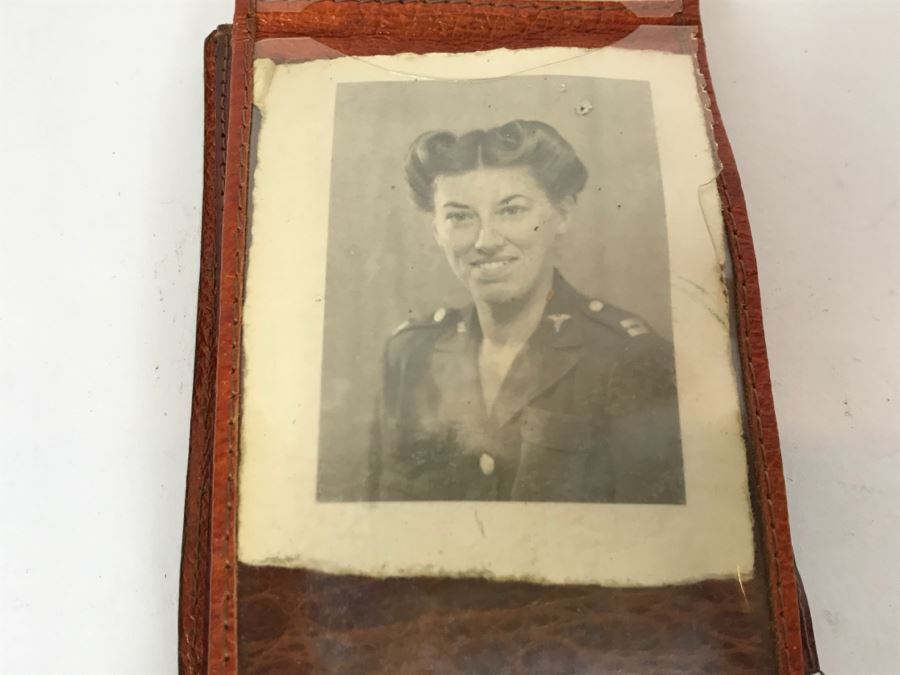 Vintage Wallet With Personal Effects As Found In Wallet Including Old Photos, Standing Liberty Silver Half Dollar, 1944 Barber Dime, Bank Of Japan Paper Currency Y10 Nippon With Various Names Written Over Bill And Catholic Pendants [Photo 4]