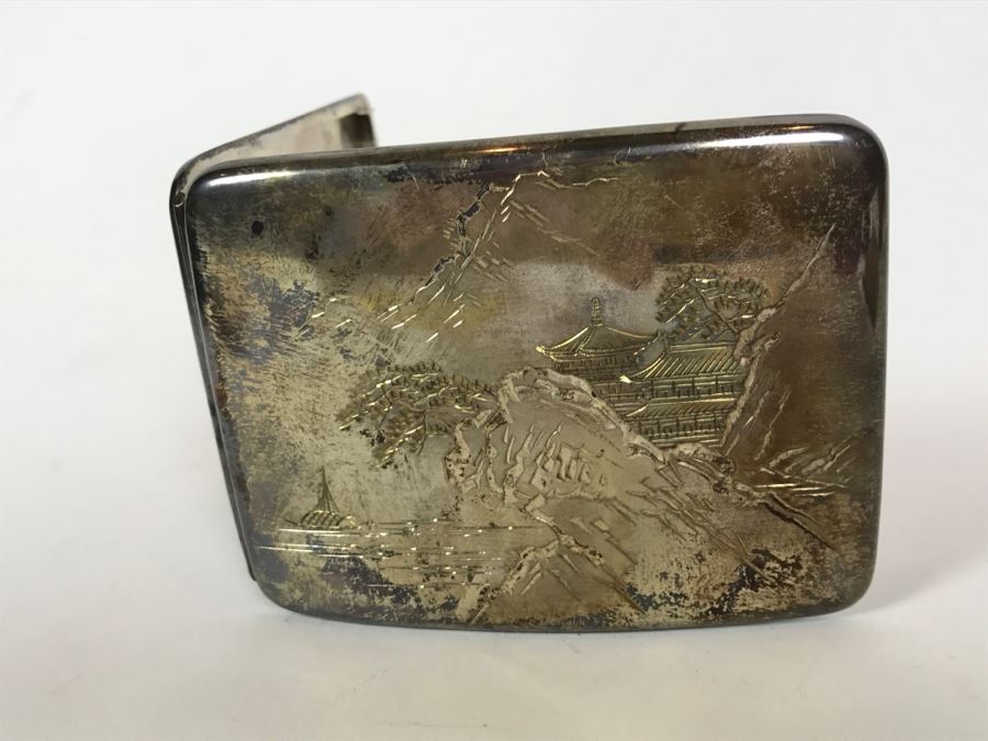 Sterling Silver '950' Japanese Signed Cigarette Case With Chased Landscape Design [Photo 13]