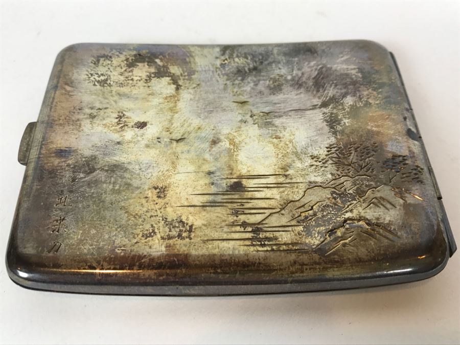 Sterling Silver '950' Japanese Signed Cigarette Case With Chased Landscape Design [Photo 6]