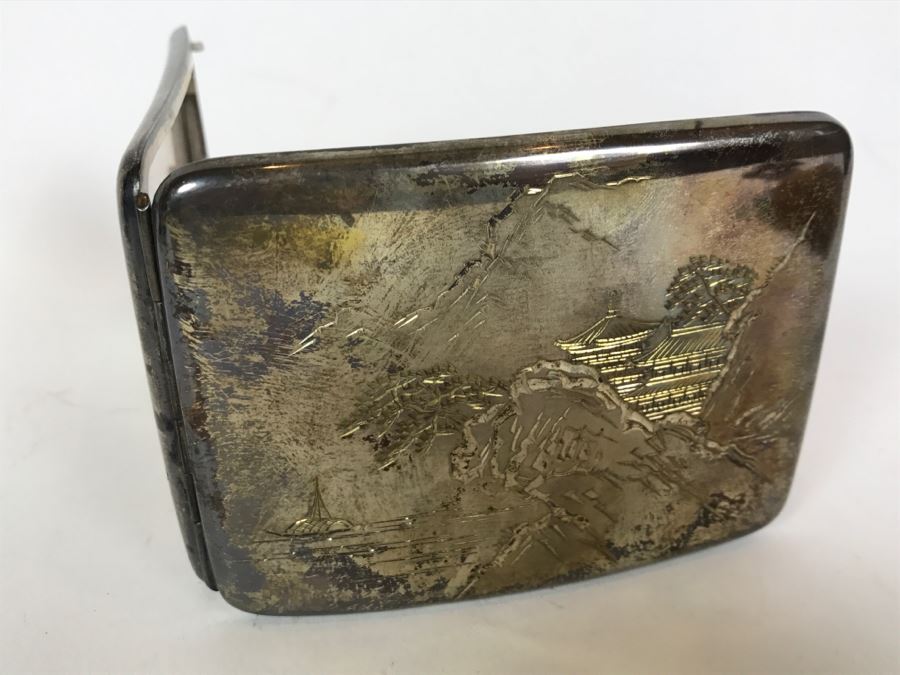 Sterling Silver '950' Japanese Signed Cigarette Case With Chased Landscape Design [Photo 12]