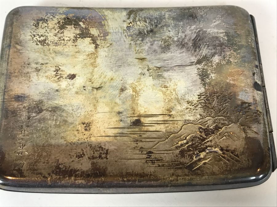 Sterling Silver '950' Japanese Signed Cigarette Case With Chased Landscape Design [Photo 7]