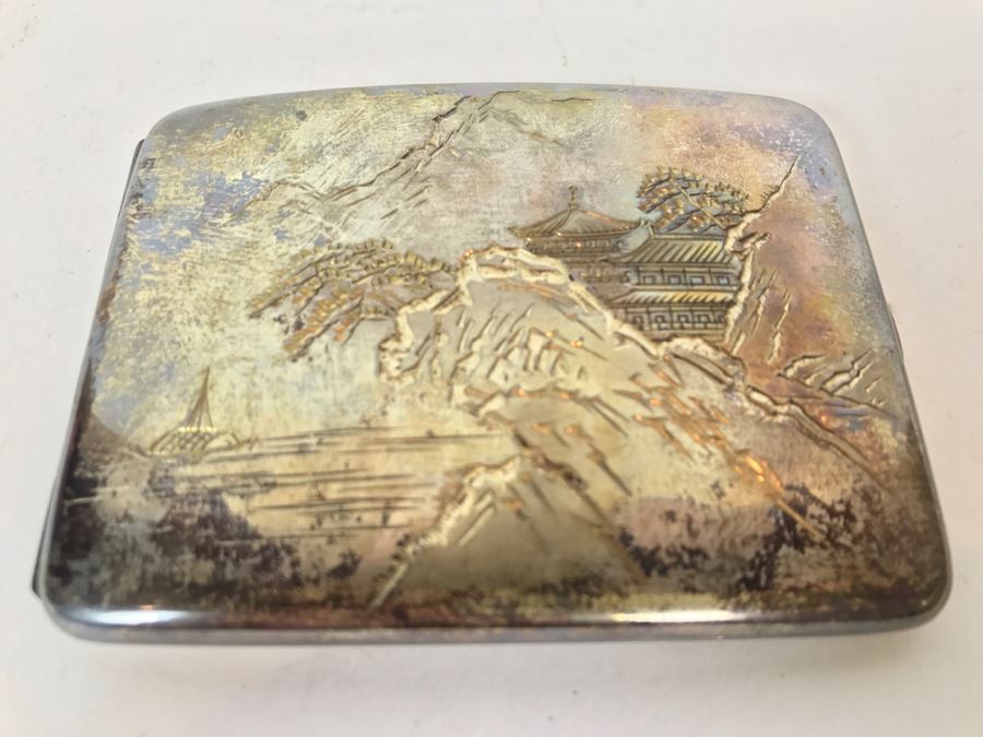 Sterling Silver '950' Japanese Signed Cigarette Case With Chased Landscape Design [Photo 3]