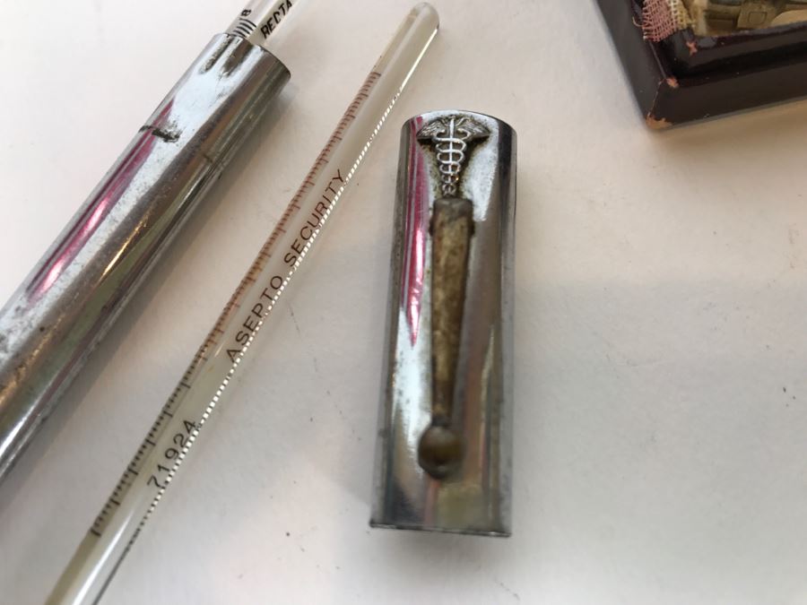 WWII Medical Supplies Including New Old Stock Adrenalin Chloride Solutions, Mercury Thermometers With SS Case, Medical Needles And Surgical Scissors [Photo 5]