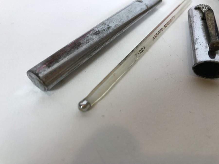 WWII Medical Supplies Including New Old Stock Adrenalin Chloride Solutions, Mercury Thermometers With SS Case, Medical Needles And Surgical Scissors [Photo 4]