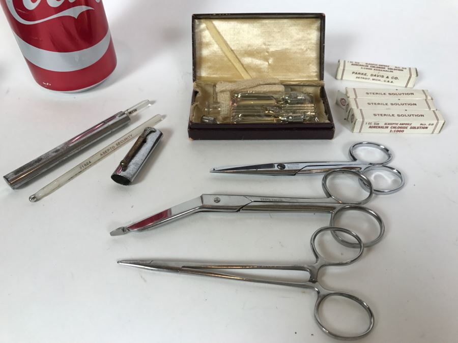 WWII Medical Supplies Including New Old Stock Adrenalin Chloride Solutions, Mercury Thermometers With SS Case, Medical Needles And Surgical Scissors