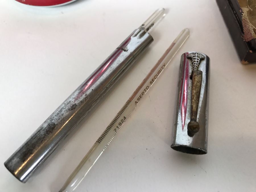 WWII Medical Supplies Including New Old Stock Adrenalin Chloride Solutions, Mercury Thermometers With SS Case, Medical Needles And Surgical Scissors [Photo 3]