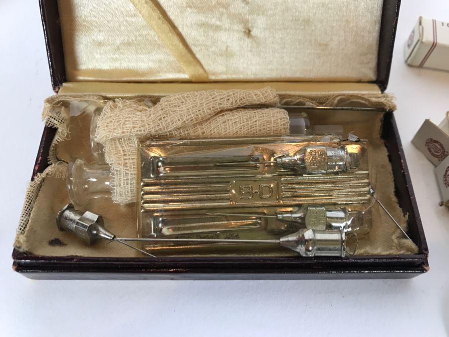 WWII Medical Supplies Including New Old Stock Adrenalin Chloride Solutions, Mercury Thermometers With SS Case, Medical Needles And Surgical Scissors [Photo 2]