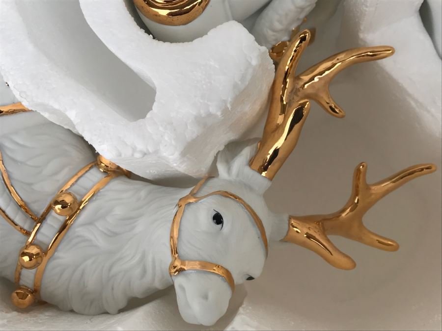 Traditions Porcelain Santa With Sleigh And Reindeer - Note The Gold Sleigh Blades Have Some Chips As Shown In Photos [Photo 9]
