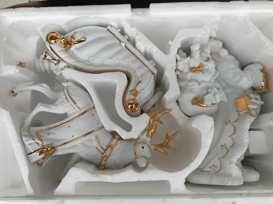 Traditions Porcelain Santa With Sleigh And Reindeer - Note The Gold Sleigh Blades Have Some Chips As Shown In Photos [Photo 2]