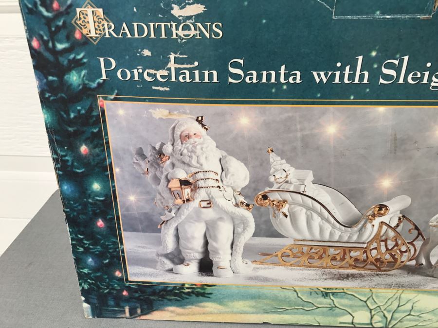 Traditions Porcelain Santa With Sleigh And Reindeer - Note The Gold Sleigh Blades Have Some Chips As Shown In Photos [Photo 3]