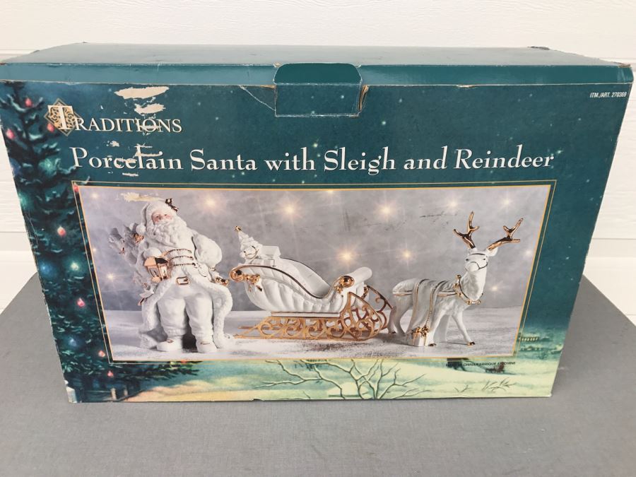Traditions Porcelain Santa With Sleigh And Reindeer - Note The Gold Sleigh Blades Have Some Chips As Shown In Photos