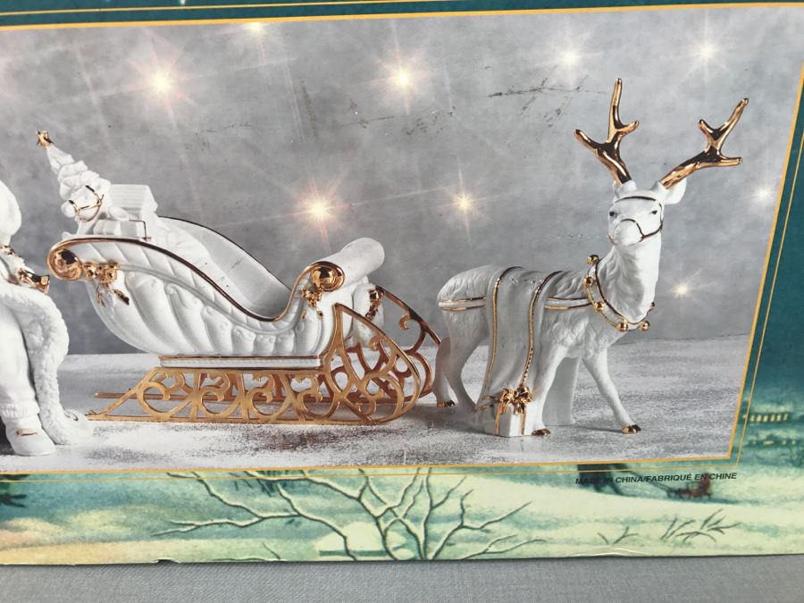 Traditions Porcelain Santa With Sleigh And Reindeer - Note The Gold Sleigh Blades Have Some Chips As Shown In Photos [Photo 5]