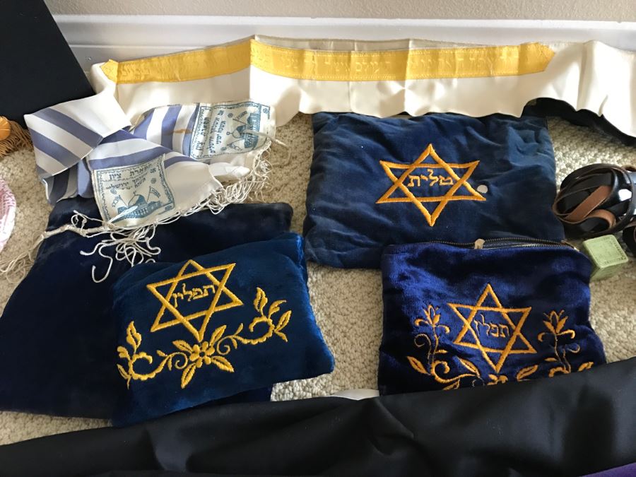 Collection Of Jewish Judaica Ritual Objects Including Phylacteries, Tallit Bags, Tallit [Photo 1]