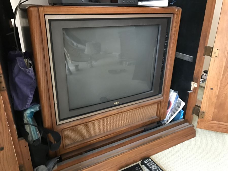 Oak Cabinet With Vintage RCA Tube TV, Pair Of VCRs, Workout VHS Tapes And All Other Goodies Found Within Cabinet [Photo 2]