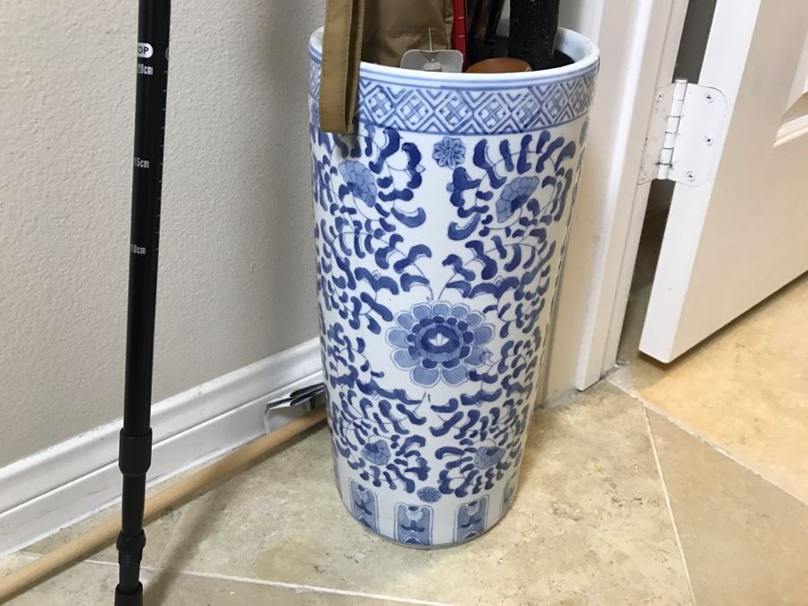 Blue & White Porcelain Umbrella Stand With Canes And Umbrellas [Photo 2]