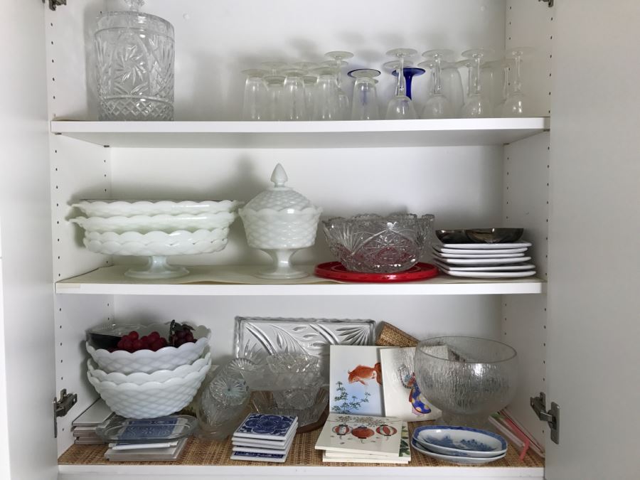 Kitchen Lot Featuring Vintage Milk Glass, Stemware, Japanese Tiles, Italian Plates And More