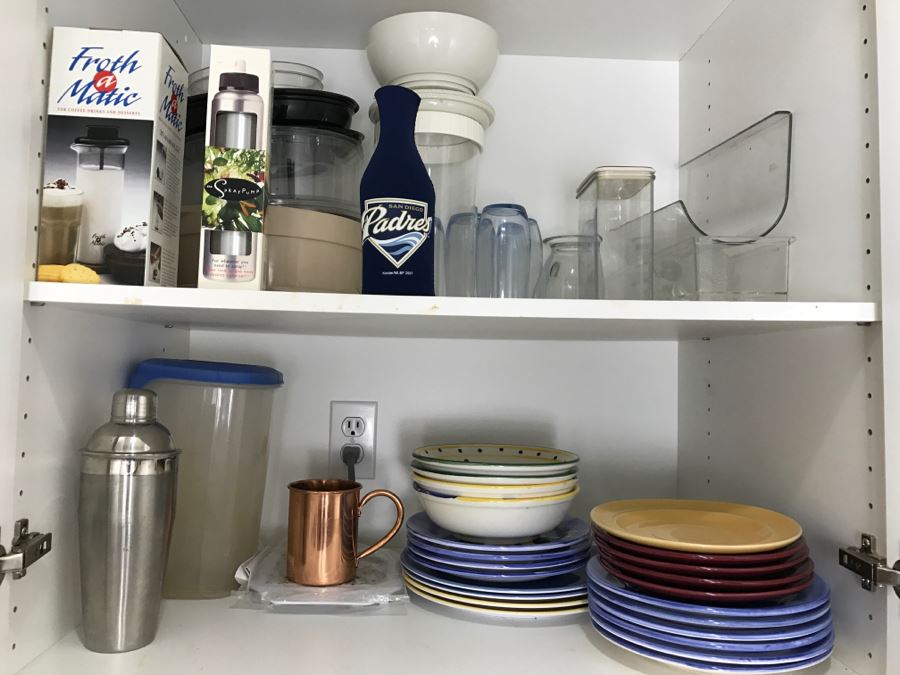 Kitchen Lot With Italian Plates, Bowls, Cocktail Shaker, Froth-A-Matic And Various Items Photographed