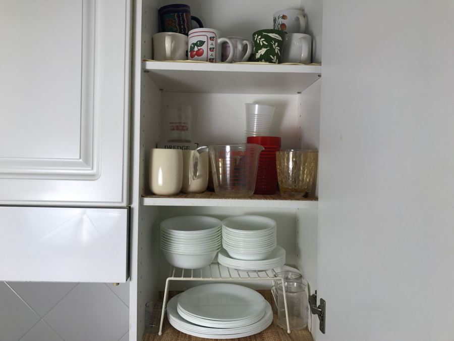 6 Shelf Kitchen Lot With Corelle By Corning Plates And Bowls, Stemware, Coffee Cups - See All Photos [Photo 1]
