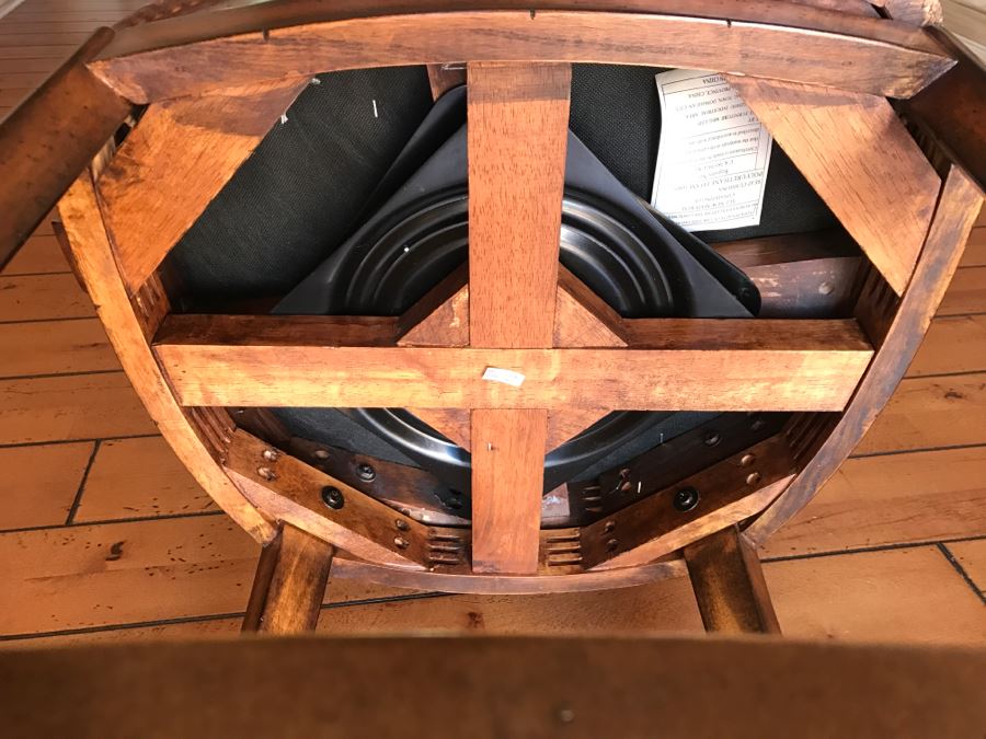 Set Of 3 Wooden Swivel Barstools With Brass Nails And Ornamental Metal Work [Photo 18]