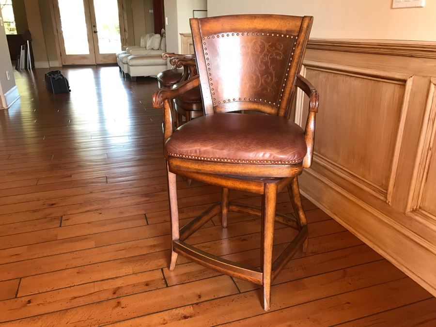 Set Of 3 Wooden Swivel Barstools With Brass Nails And Ornamental Metal Work [Photo 11]