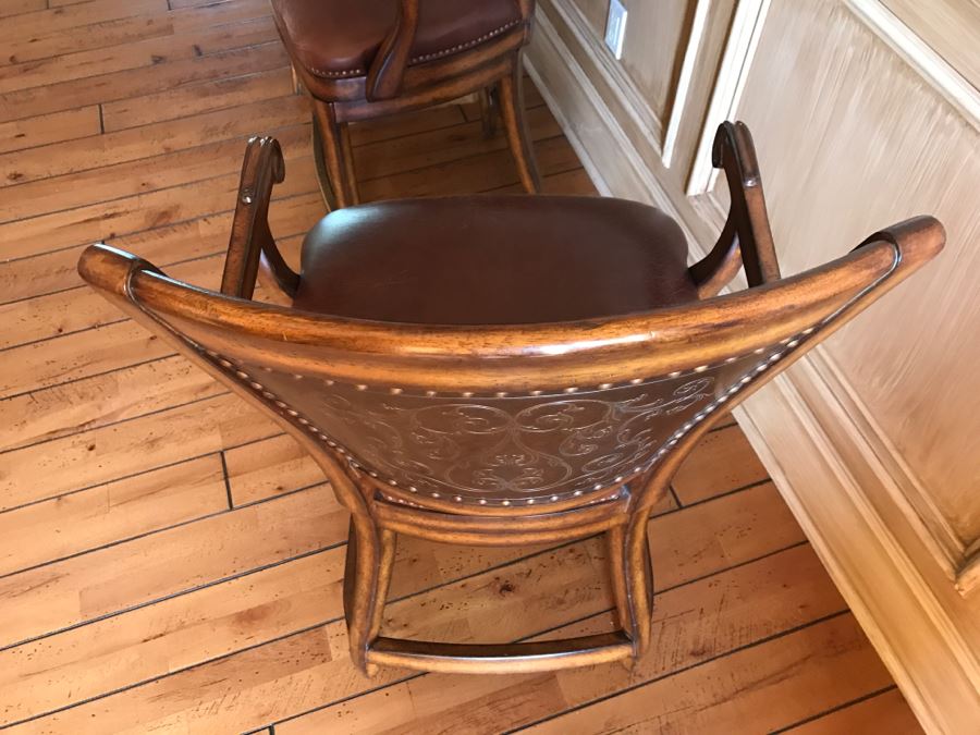 Set Of 3 Wooden Swivel Barstools With Brass Nails And Ornamental Metal Work [Photo 16]