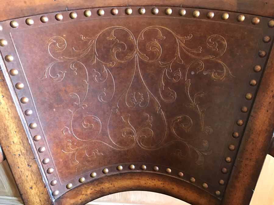 Set Of 3 Wooden Swivel Barstools With Brass Nails And Ornamental Metal Work [Photo 6]