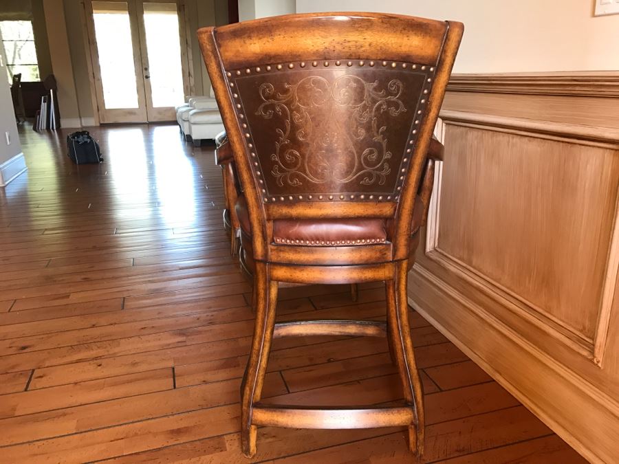 Set Of 3 Wooden Swivel Barstools With Brass Nails And Ornamental Metal Work [Photo 13]